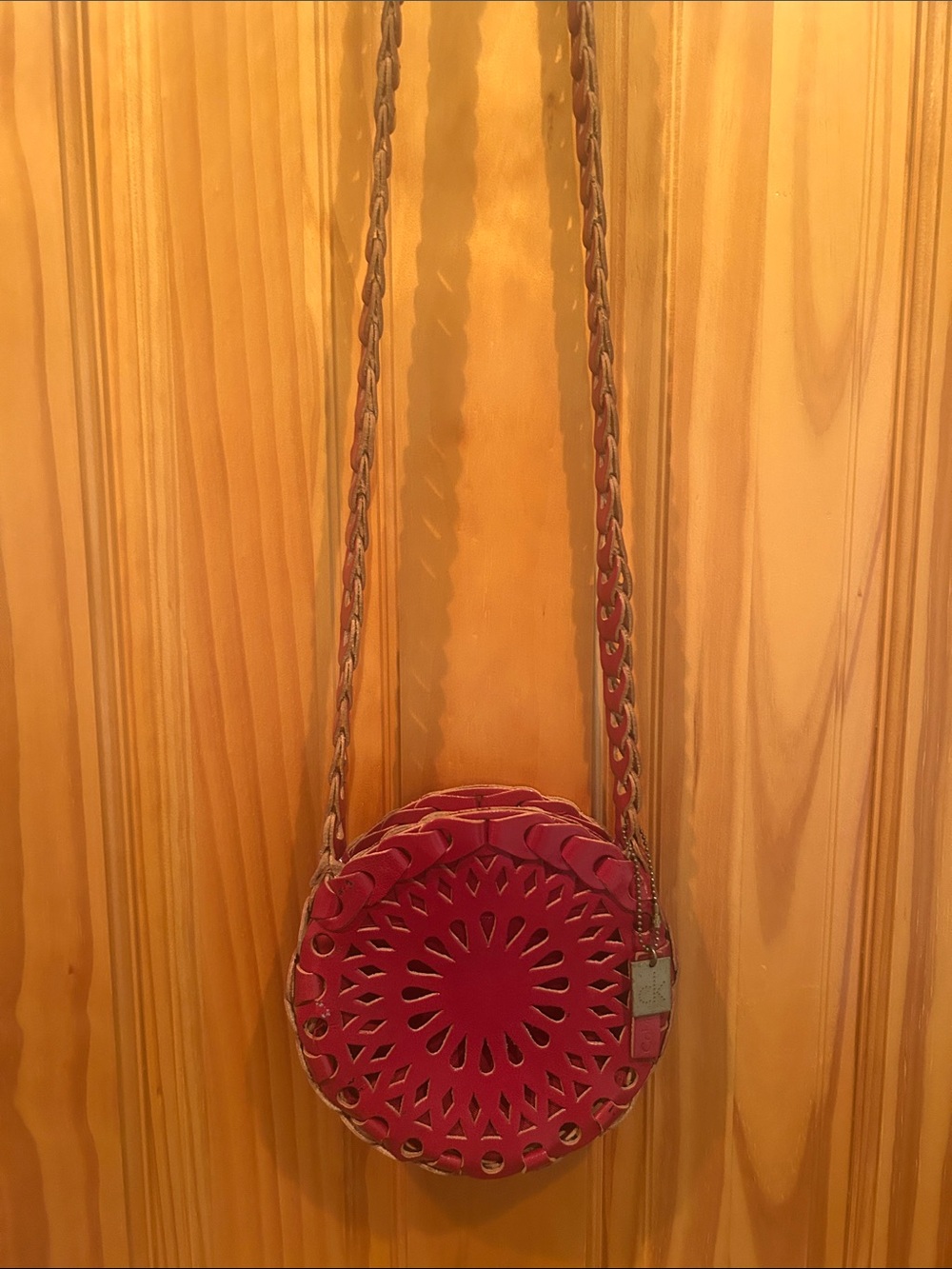Calvin Klein Red Circular Cutout Crossbody Bag with Braided Strap